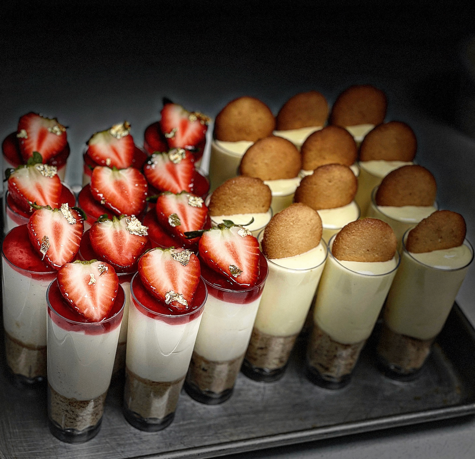 Strawberry cheesecake and banana pudding dessert shooters